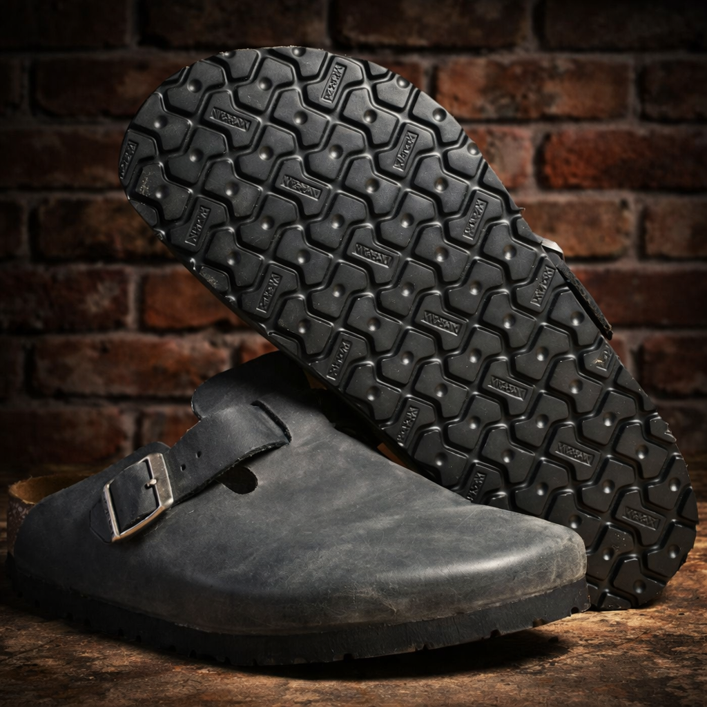 Birkenstock sandal after local repair and new Vibram Woodstock soles installed in Salem Oregon